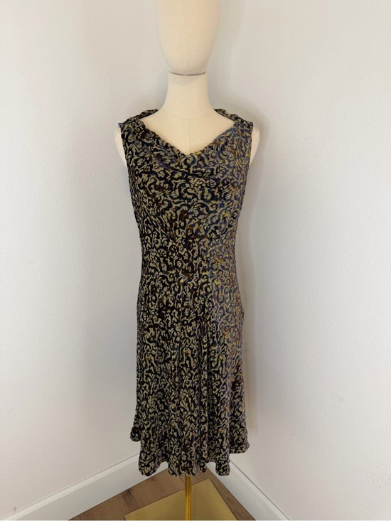 Peruvian Connection Dresses & Skirts - Peruvian Connection Velvet Blue & Gold Cowl-Neck Midi Dress Size 8